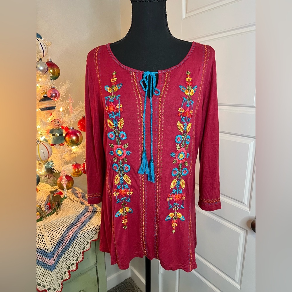 Krista Lee Maroon Colorful Floral‎ Western Boho Embroidery Beaded Blouse Sz L